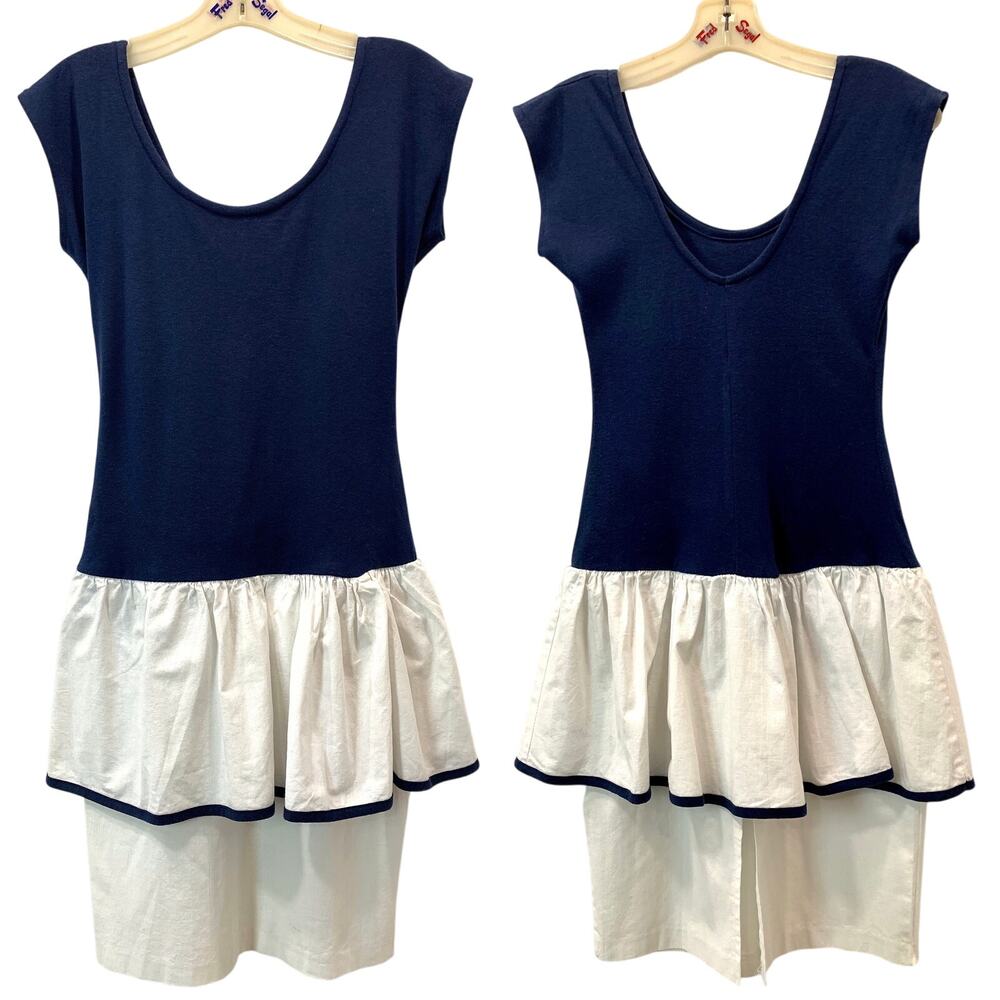 80s T Shirt Pencil Skirt Peplum Dress | Blue and White | Fits XXS/XS - Picture 7 of 8